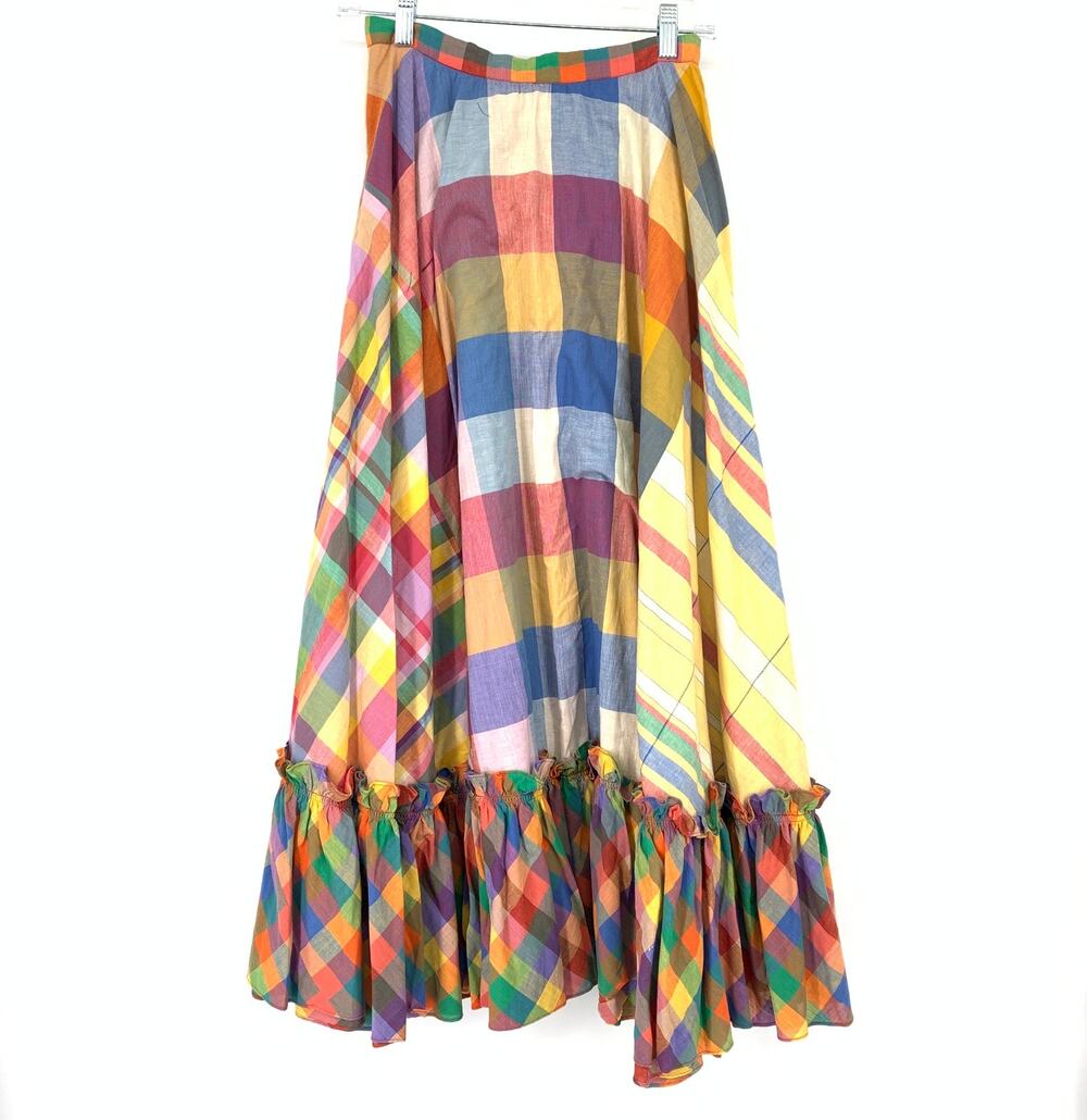 VTG 70s Mollie Parnis Studio A-Line Maxi Skirt Patchwork Plaid Multicolor XXS
